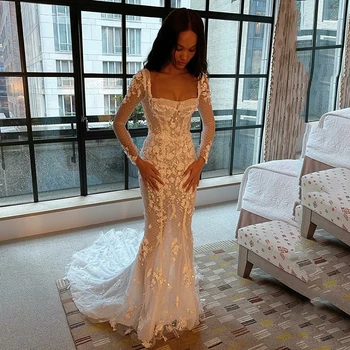 Vien Nėrinių Undinė Vestuvių Suknelės su Iliuzija ilgomis Rankovėmis 3D Gėlės Kvadratinių Kaklo Nuotakos Suknelės Boho Backless Vestuvių Suknelės