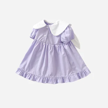 Baby Girl Vasaros Suknelė trumpomis Rankovėmis korėjos Stiliaus Triušis Modelio Apykaklė Sijonas Kūdikis, Vaikas, Vaikų 9M 1T 2T 3T Medvilnės Drabužius, Plisuotos