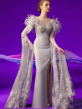 Skara ilgomis Rankovėmis Nėrinių Aplikacija Mermaid Dress Vien Kaklo su Split 2023 Moterų Elegantiškas Oficialus Suknelė Grindų Ilgis