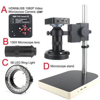 1080P HDMI VGA skaitmeninis mikroskopas elektroninių litavimo 130X 38MP mikroskopo vaizdo kamera USB LED Šviesos Žiedas profesinę remontas