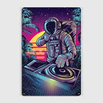 Retrowave Astronautas Dj Metalo Pasirašyti Kino Gyvenamasis Kambarys Su Virtuvės Dizaino Plokšteles Alavo Pasirašyti Plakatai