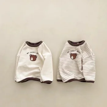 Ins Japonija Korėja Kūdikiui Dryžuotas ilgomis Rankovėmis T-Shirt Pavasarį, Rudenį, Vaikų Drabužiai Lokys Spausdinti Atsitiktinis Laisvas Megztinis Marškinėliai