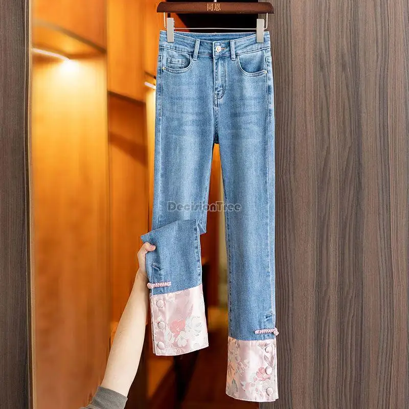 2023 kinijos universalus džinsai moterims senovinių rytietiškų siuvinėjimo sudurti mados lady tiesia koja pants pagerėjo tangsuits kelnės