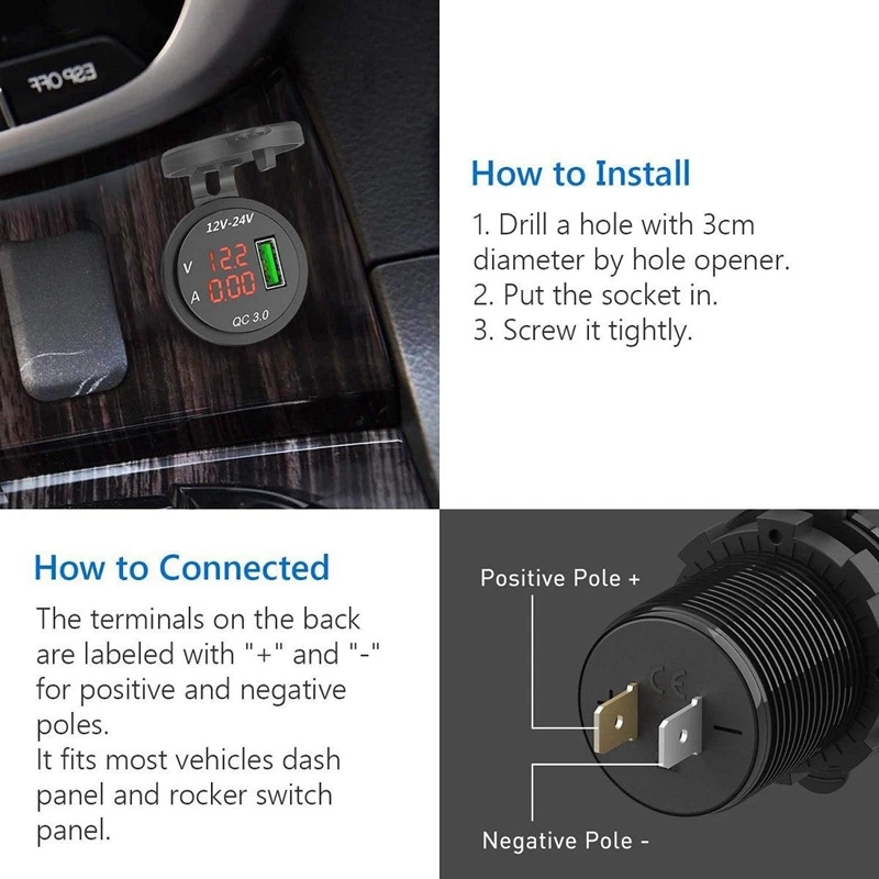 2X 12V / 24V Greito Įkrovimo 3.0 Automobilio Cigarečių Degiklio Lizdas, USB Kroviklis LED Voltmeter Ammeter Juoda & Žalia