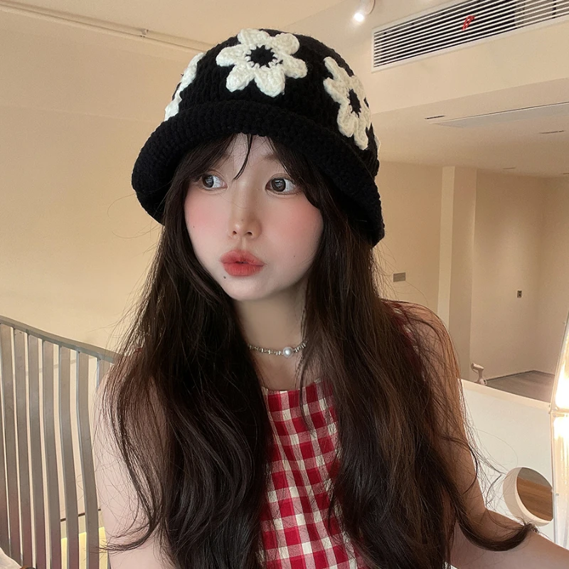 Japonijos Rudenį ir Žiemą, Retro, Rankų darbo Gėlių Baseino Skrybėlę Saldus Universalus Nėrimo Megzti Moterų Kibirą Skrybėlės Mielas Žvejo Kepurė