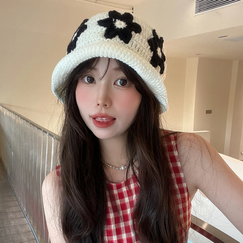Japonijos Rudenį ir Žiemą, Retro, Rankų darbo Gėlių Baseino Skrybėlę Saldus Universalus Nėrimo Megzti Moterų Kibirą Skrybėlės Mielas Žvejo Kepurė