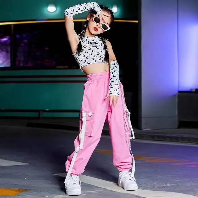 Rožinė Hip-Hop Street Dance Drabužius Rave Drabužių Vasaros Mergaitė Rinkiniai K-pop Apranga Apkarpyti Viršūnes Krovinių Kelnės Veiklos Kostiumas